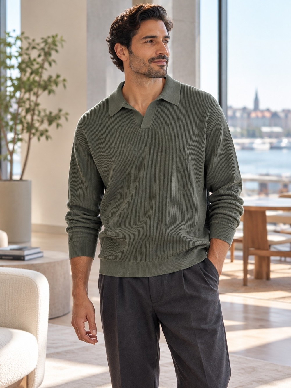 Madewell Johnny Collar Ribbed Sweater Polo Steel Green Men's S NN871
